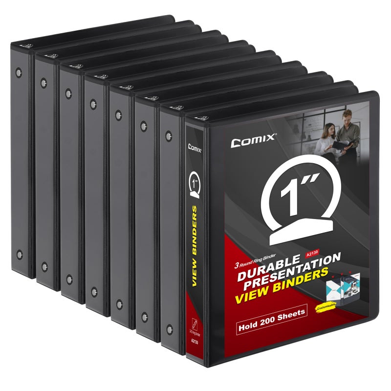 COMIX Sturdy 3 Ring Binder 1 inch with Clear View Cover 1 Round Ring View Binder PVCFree 200 Sheets Capacity of US Letter Size Paper Office School Supplies 8 Pack Black