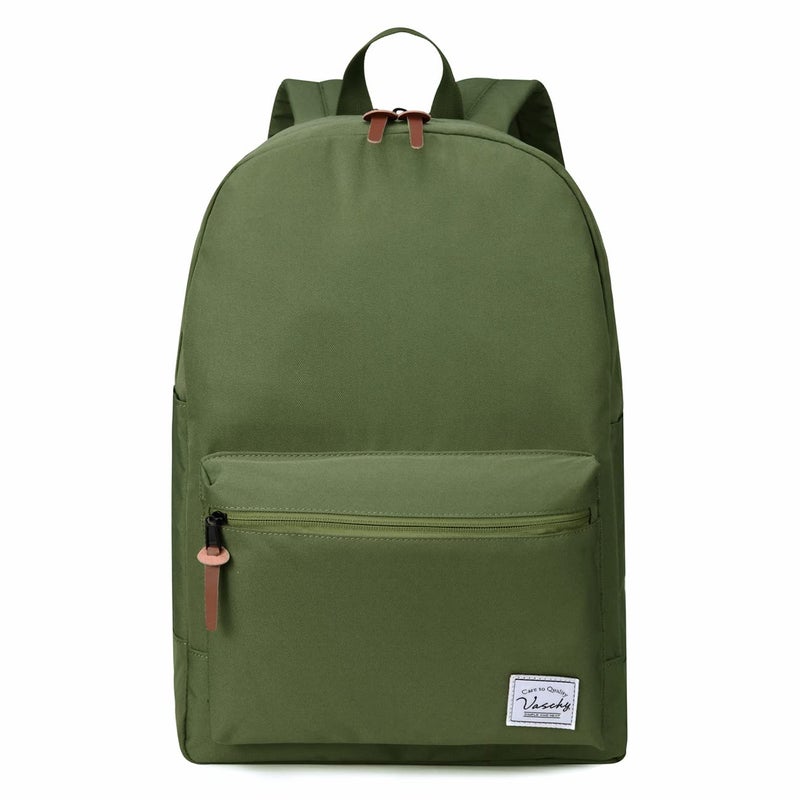 VASCHY School Backpack Unisex Slim Lightweight Waterresistant Minimalist Backpack for Men Women College Schoolbag Travel Bookbag Green