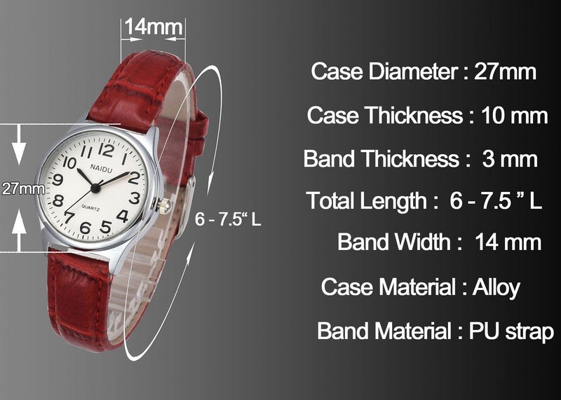 Top Plaza Womens Leather Watch,Fashion Casual Dress Watches,Roman Numerals Waterproof Quartz Ladies Black Wrist Watch (Red - Arabic Numerals) - Image 3