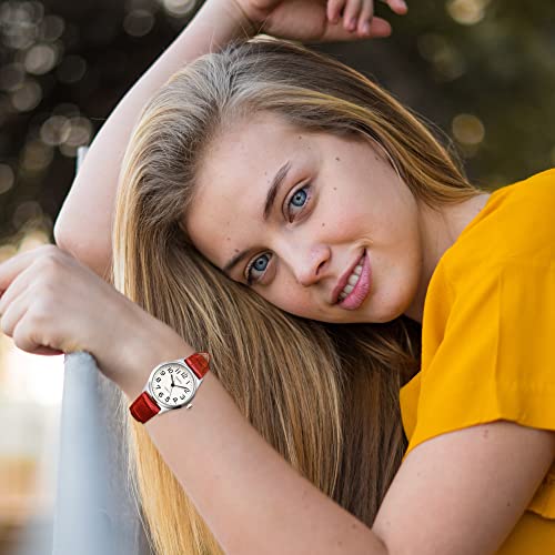 Top Plaza Womens Leather Watch,Fashion Casual Dress Watches,Roman Numerals Waterproof Quartz Ladies Black Wrist Watch (Red - Arabic Numerals) - Image 2