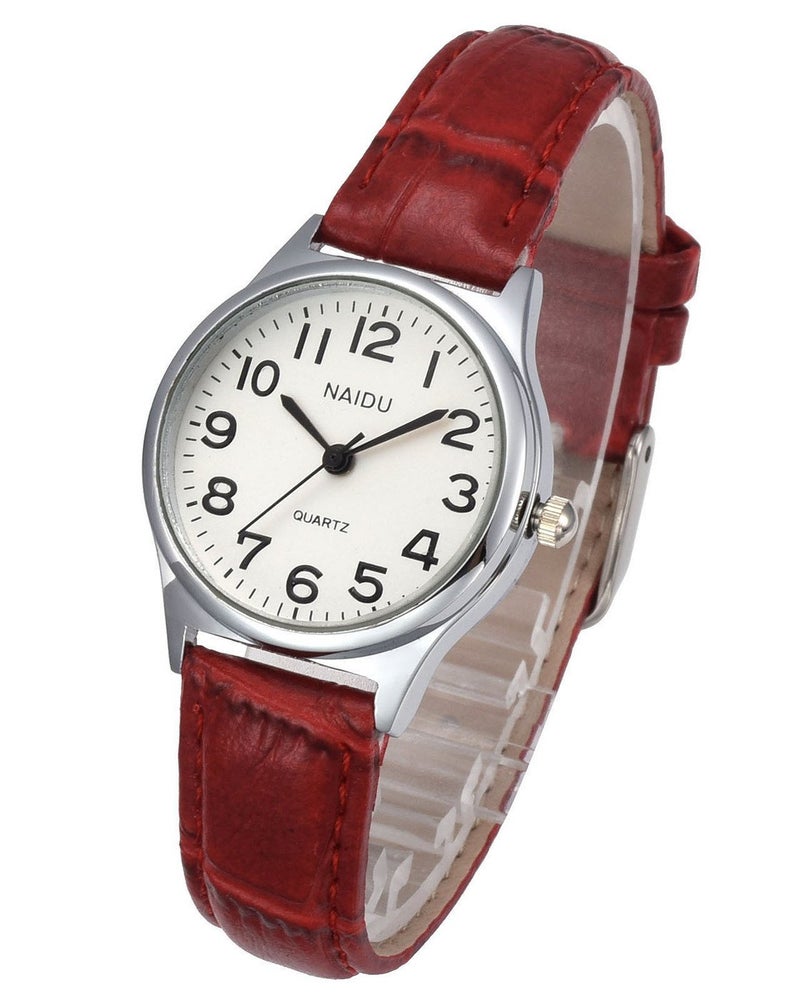 Top Plaza Womens Leather Watch,Fashion Casual Dress Watches,Roman Numerals Waterproof Quartz Ladies Black Wrist Watch (Red - Arabic Numerals) - Image 1