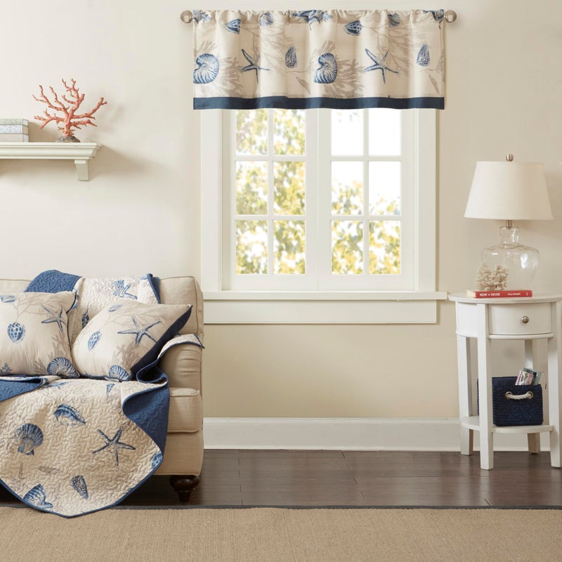 madison park Madison Park Bayside Printed Ivory Navy Window Valance   Cotton Printed Rod Pocket Valances for Windows   50X18""   Dark Blue  - Image 1