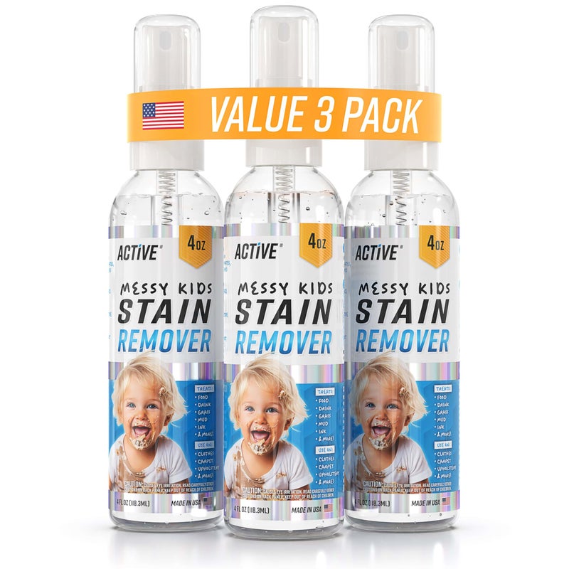 Active Messy Kids Stain Remover Spray - 3 Pack 4oz Laundry Spot Cleaner, Natural Stain Treater Spray for Baby Clothes, Toddler Clothing, Value-Size Solution for Food, Oil Stains, Great for Travel - 12 oz - Image 1