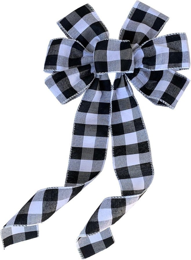 GiftWrap Etc. Buffalo Plaid Christmas Wreath Bow - 10" Wide, 18" Long Pre-Tied Bow, Black and White Checkers, Door Decor, Swag, Wreath, Garland, Winter - Image 1