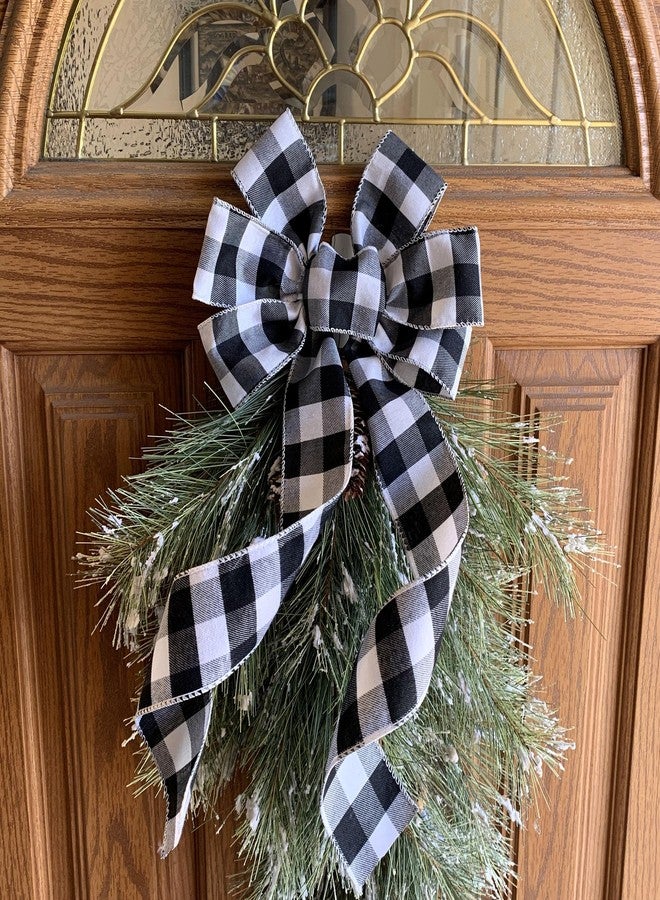 GiftWrap Etc. Buffalo Plaid Christmas Wreath Bow - 10" Wide, 18" Long Pre-Tied Bow, Black and White Checkers, Door Decor, Swag, Wreath, Garland, Winter - Image 2