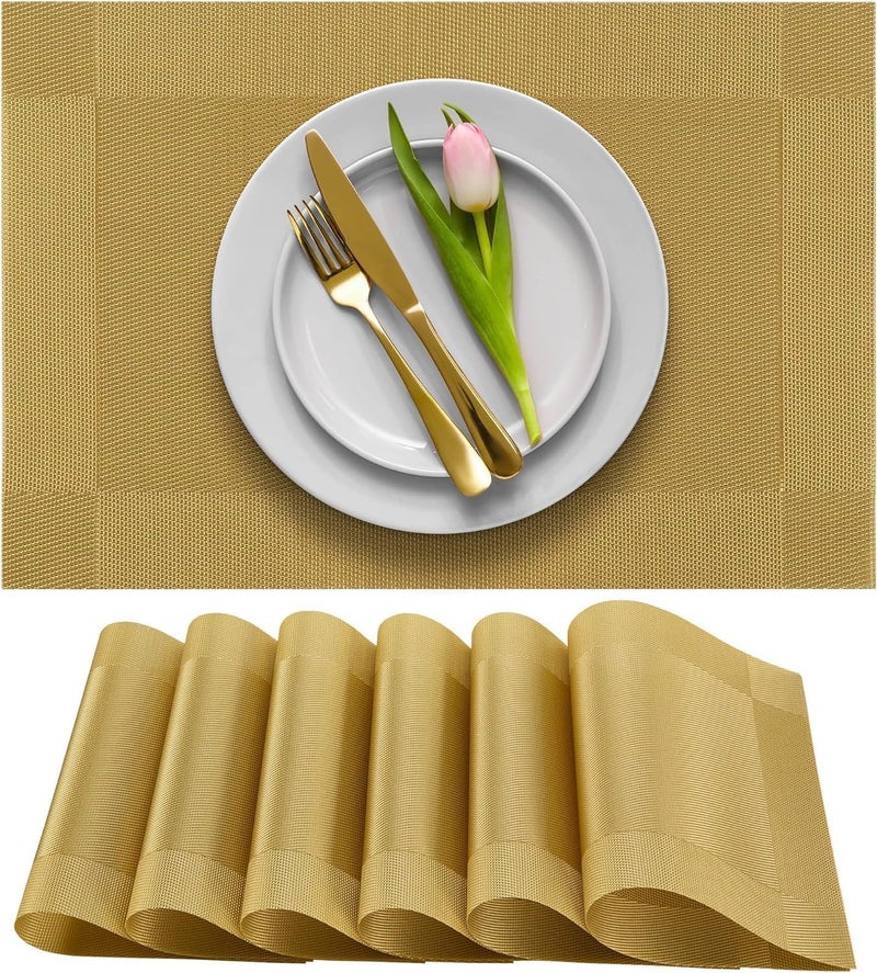 Crasts Placemats Set of 6 Dining Table Place Mats Placemats Table Mat PVC Material NonSlip Heat Resistant Dining Tablemates Washable AntiSkid Size 45 x 30cm Gold