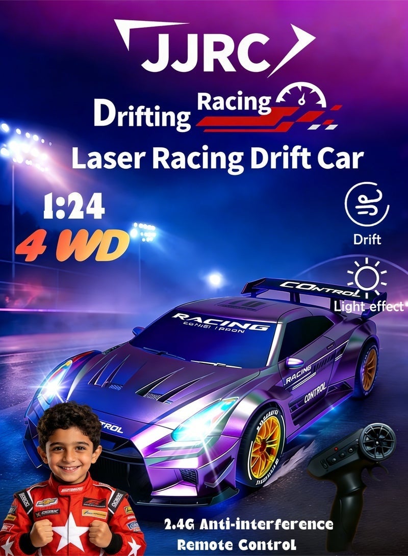 JJRC 1/24 Scale RC Drift Car, 2.4G 4WD Remote Control Car & LED Lights, Mini roadblocks and replacement tires are included.perfect RC Vehicle gift for Adult and 6-15 years old kids - Image 1