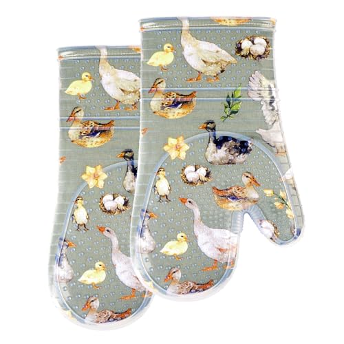 RED LMLDETA Oven Mitts Set of 2 with Transparent Clear Silicone Shell and Nice Duck Printing Cotton Lining, Heat Resistant to 500 F Kitchen Oven Gloves Pot Holder for Cooking (Wathet Blue, Oven Mitts) - Image 1