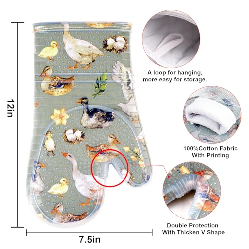 RED LMLDETA Oven Mitts Set of 2 with Transparent Clear Silicone Shell and Nice Duck Printing Cotton Lining, Heat Resistant to 500 F Kitchen Oven Gloves Pot Holder for Cooking (Wathet Blue, Oven Mitts) - Image 2
