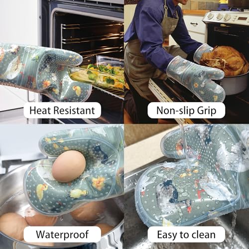 RED LMLDETA Oven Mitts Set of 2 with Transparent Clear Silicone Shell and Nice Duck Printing Cotton Lining, Heat Resistant to 500 F Kitchen Oven Gloves Pot Holder for Cooking (Wathet Blue, Oven Mitts) - Image 4