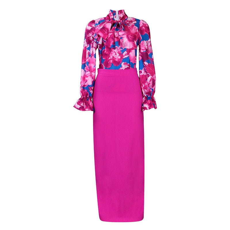 Fashion Print Tie-Waist Shirt Skirt Set Blue - Image 2