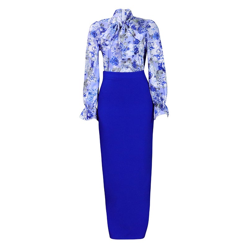 Fashion Print Tie-Waist Shirt Skirt Set Blue - Image 1