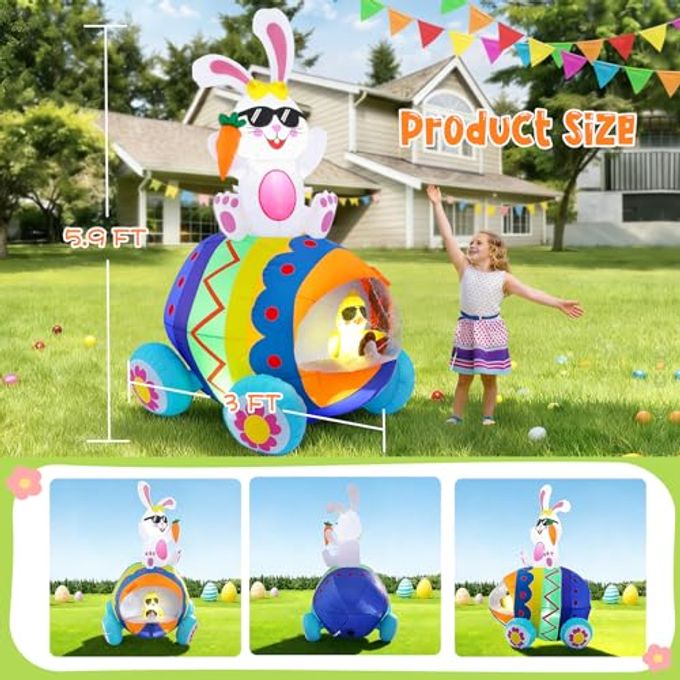 Elegear 5.9FT Easter Inflatable Bunny Driving Egg Car Outdoor Decoration, Lighted Bunny & Chick Blow Up Yard Decor for Lawn, Garden, Holiday Party & Spring Display - Image 2