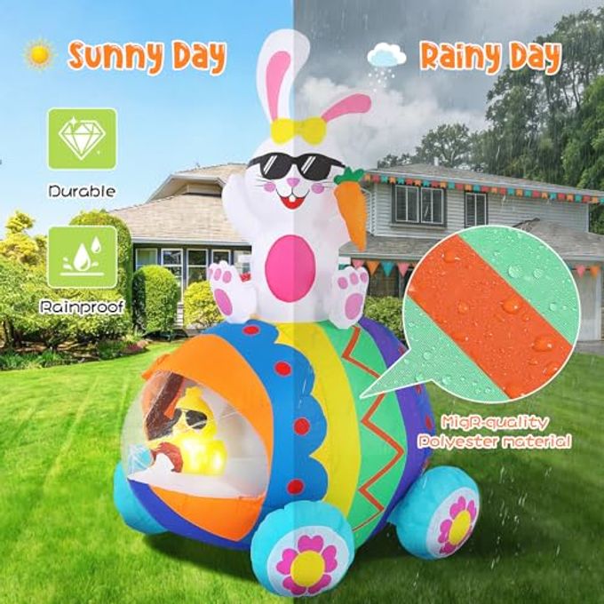 Elegear 5.9FT Easter Inflatable Bunny Driving Egg Car Outdoor Decoration, Lighted Bunny & Chick Blow Up Yard Decor for Lawn, Garden, Holiday Party & Spring Display - Image 3