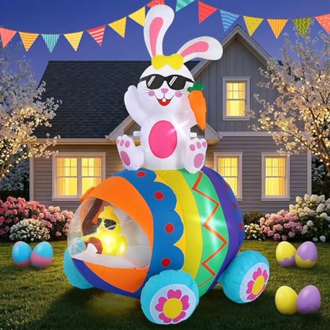 Elegear 5.9FT Easter Inflatable Bunny Driving Egg Car Outdoor Decoration, Lighted Bunny & Chick Blow Up Yard Decor for Lawn, Garden, Holiday Party & Spring Display - Image 4