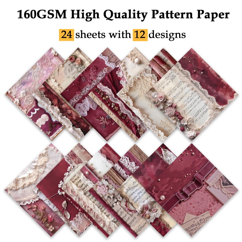 Qianshan Pearl Lace Scrapbook Paper, 24 Sheets 6"Ã—6â€ Single-Sided Patterned Cardstock Pads,160gsm Vintage Decopodge Scrapbook Supplies, Junk Journal Decorative Crafts DIY Album Card Making Art Journaling - Image 3