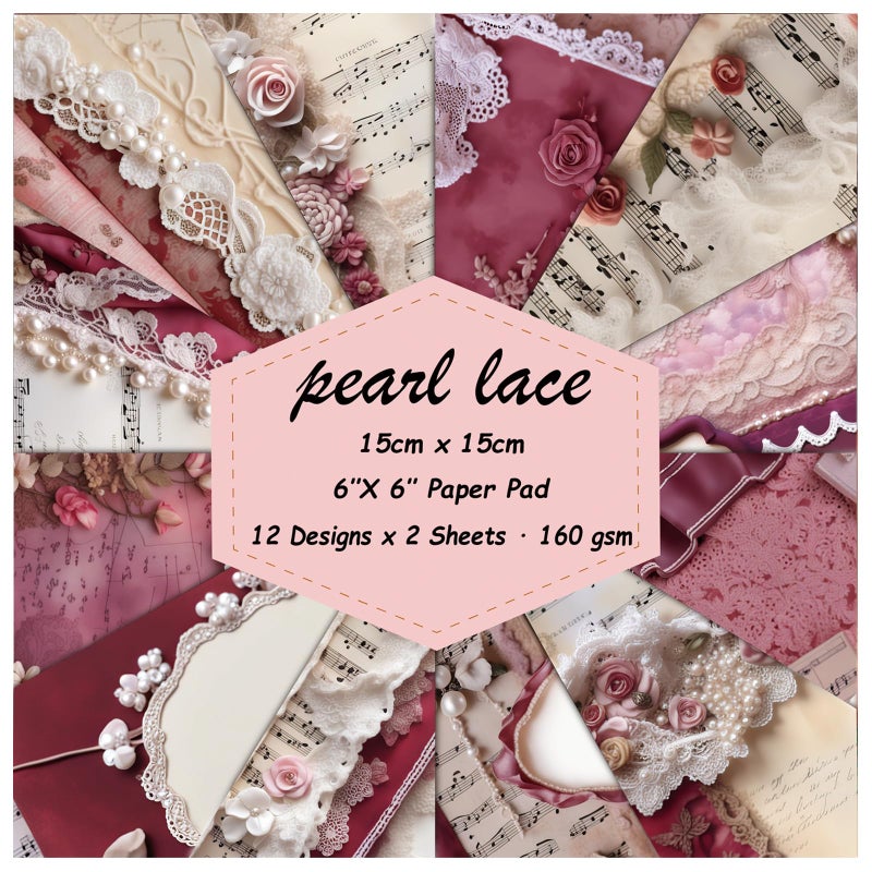 Qianshan Pearl Lace Scrapbook Paper, 24 Sheets 6"Ã—6â€ Single-Sided Patterned Cardstock Pads,160gsm Vintage Decopodge Scrapbook Supplies, Junk Journal Decorative Crafts DIY Album Card Making Art Journaling - Image 1