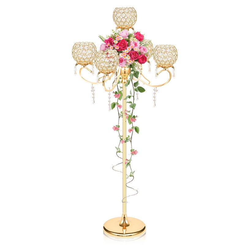 kolnlala 50" Tall Large Elegant Crystal Candelabra/Candlestick Holder Centerpiece for Weddings, Parties & Reception Decoration, Tealight Tray & Gorgeous Floor Candelabra Home Decor(Gold-1pc, 5-Arm) - Image 1