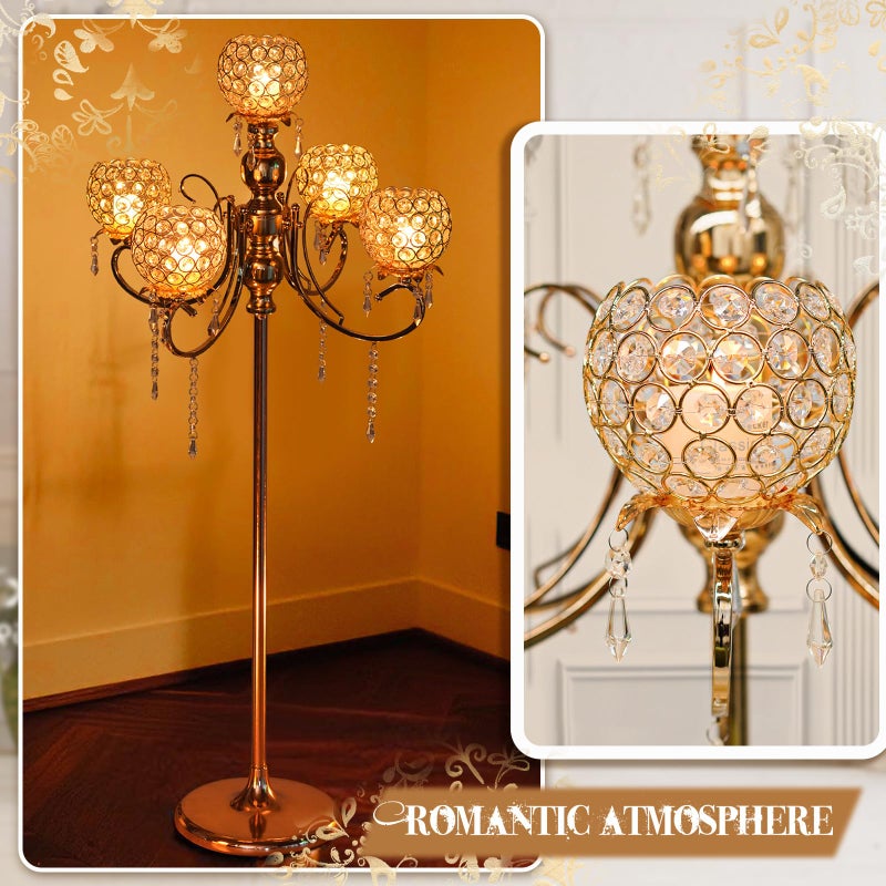kolnlala 50" Tall Large Elegant Crystal Candelabra/Candlestick Holder Centerpiece for Weddings, Parties & Reception Decoration, Tealight Tray & Gorgeous Floor Candelabra Home Decor(Gold-1pc, 5-Arm) - Image 5