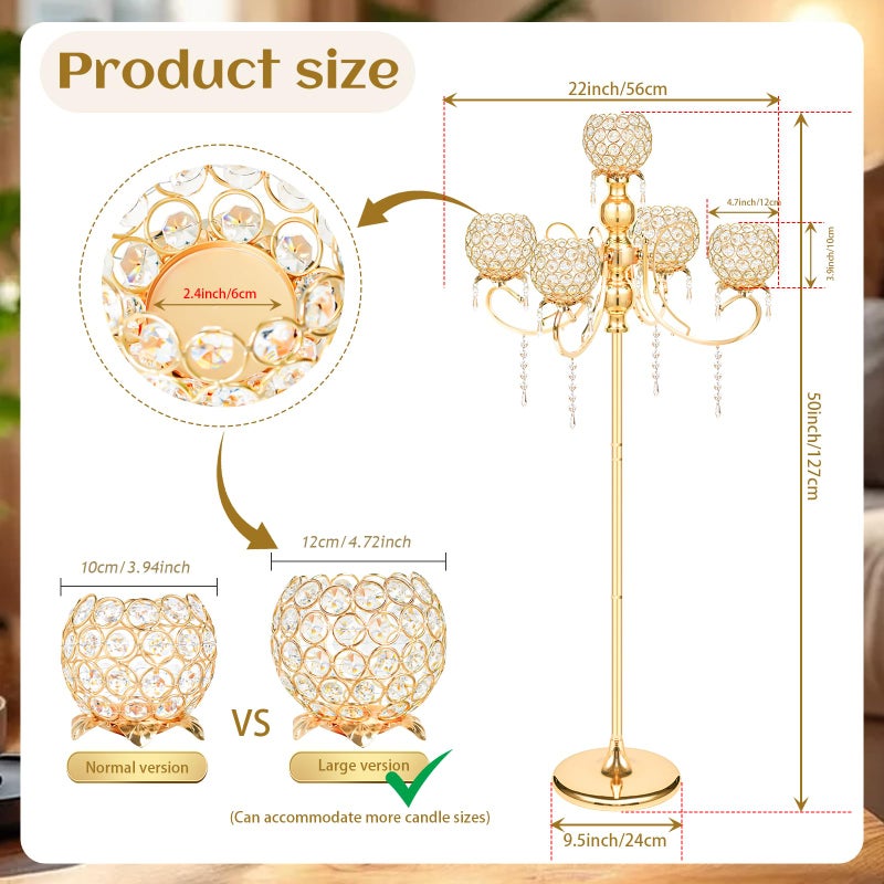 kolnlala 50" Tall Large Elegant Crystal Candelabra/Candlestick Holder Centerpiece for Weddings, Parties & Reception Decoration, Tealight Tray & Gorgeous Floor Candelabra Home Decor(Gold-1pc, 5-Arm) - Image 2