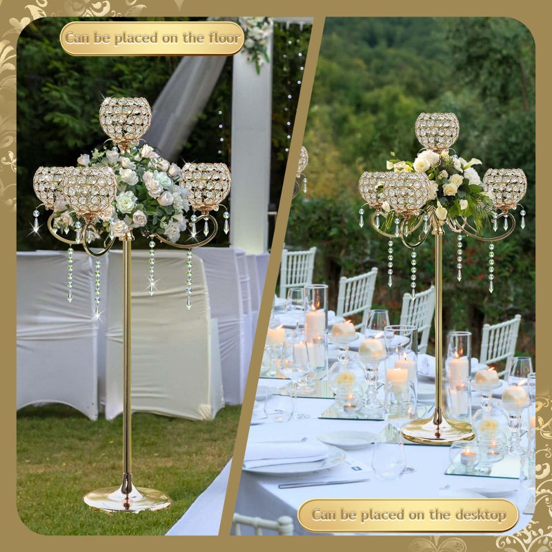 kolnlala 50" Tall Large Elegant Crystal Candelabra/Candlestick Holder Centerpiece for Weddings, Parties & Reception Decoration, Tealight Tray & Gorgeous Floor Candelabra Home Decor(Gold-1pc, 5-Arm) - Image 4