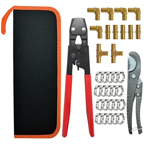 TT Flex Brass PEX Fittings All in One Kit with 12 Pcs 1/2" Tee Elbow Coupling Pipe Fittings，Pex Cinch Clamp Fastening Tool,Pipe Cutter and 20 Pcs 1/2" PEX Clamps - Image 1
