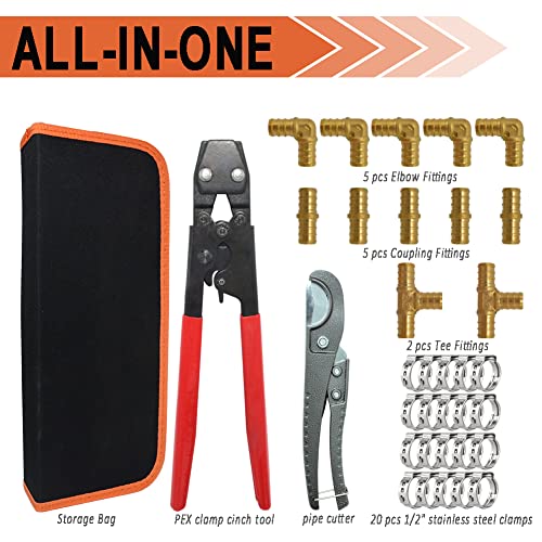 TT Flex Brass PEX Fittings All in One Kit with 12 Pcs 1/2" Tee Elbow Coupling Pipe Fittings，Pex Cinch Clamp Fastening Tool,Pipe Cutter and 20 Pcs 1/2" PEX Clamps - Image 2