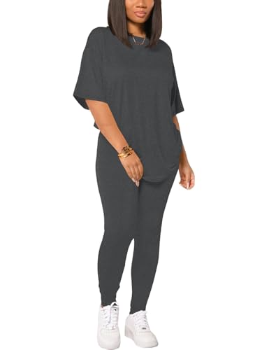 HBQ Women 2 Piece Outfits Summer Sweatsuits Drop Shoulder Tracksuits Biker Short Workout Jogger Sets Dark Grey M - Image 2