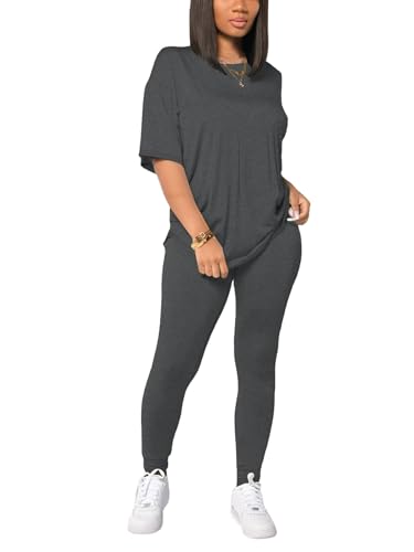 HBQ Women 2 Piece Outfits Summer Sweatsuits Drop Shoulder Tracksuits Biker Short Workout Jogger Sets Dark Grey M - Image 4
