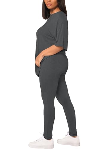 HBQ Women 2 Piece Outfits Summer Sweatsuits Drop Shoulder Tracksuits Biker Short Workout Jogger Sets Dark Grey M - Image 3