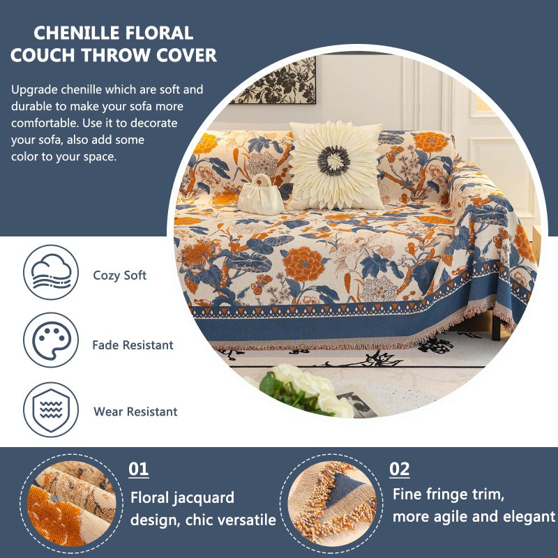 DREAMINGO Blue Orange Floral Couch Cover Jacquard Chenille Sofa Covers French Farmhouse Couch Cover for 2 Cushion Couch Sofa Living Room Furniture Cover Boho Sofa Slipcovers Sectional, 71"x118" - Image 3