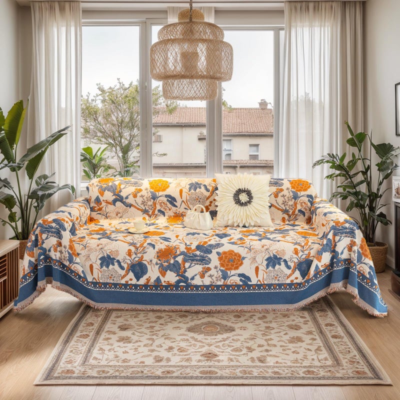 DREAMINGO Blue Orange Floral Couch Cover Jacquard Chenille Sofa Covers French Farmhouse Couch Cover for 2 Cushion Couch Sofa Living Room Furniture Cover Boho Sofa Slipcovers Sectional, 71"x118" - Image 1