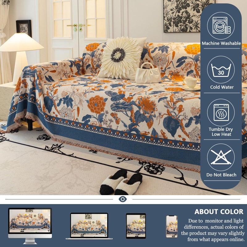DREAMINGO Blue Orange Floral Couch Cover Jacquard Chenille Sofa Covers French Farmhouse Couch Cover for 2 Cushion Couch Sofa Living Room Furniture Cover Boho Sofa Slipcovers Sectional, 71"x118" - Image 5