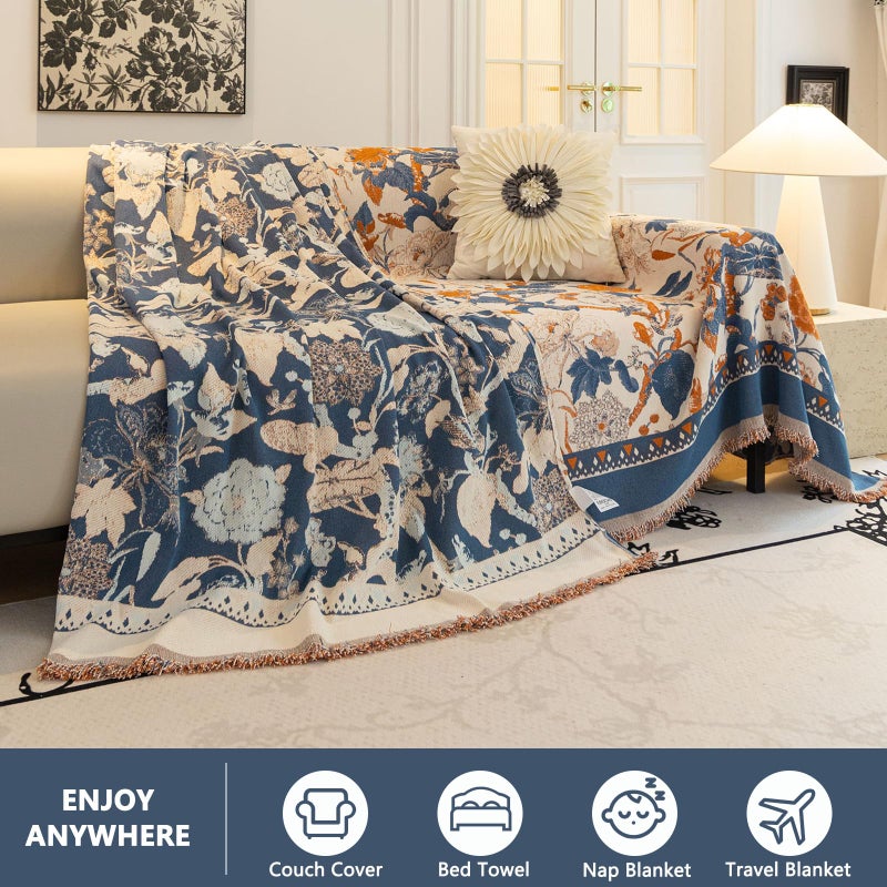 DREAMINGO Blue Orange Floral Couch Cover Jacquard Chenille Sofa Covers French Farmhouse Couch Cover for 2 Cushion Couch Sofa Living Room Furniture Cover Boho Sofa Slipcovers Sectional, 71"x118" - Image 2