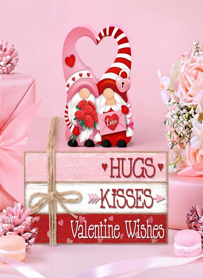 Geelin 4 Pcs Valentine's Day Wooden Book Stack Decorations, Hugs Kisses Valentine Wishes Gnome Tabletop Book Sign, Pink Red Rustic Tiered Tray Decor for Home Office Parties - Image 2