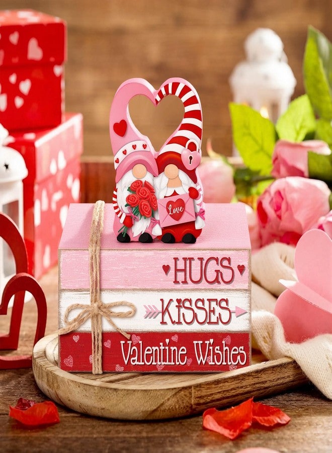 Geelin 4 Pcs Valentine's Day Wooden Book Stack Decorations, Hugs Kisses Valentine Wishes Gnome Tabletop Book Sign, Pink Red Rustic Tiered Tray Decor for Home Office Parties - Image 5