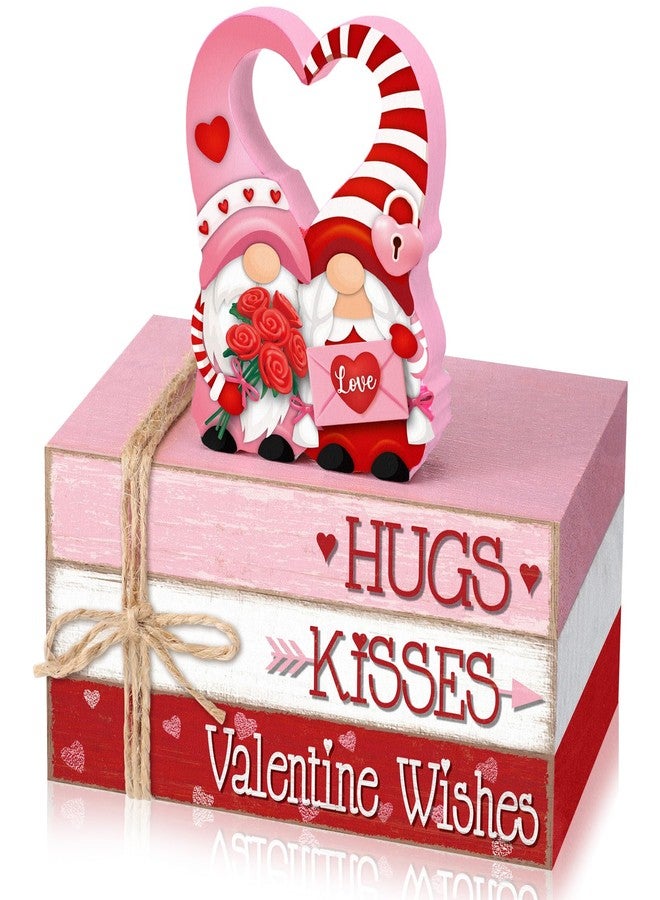 Geelin 4 Pcs Valentine's Day Wooden Book Stack Decorations, Hugs Kisses Valentine Wishes Gnome Tabletop Book Sign, Pink Red Rustic Tiered Tray Decor for Home Office Parties - Image 1