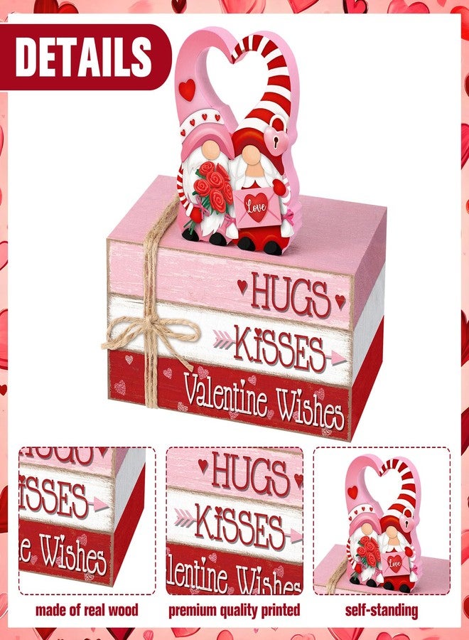 Geelin 4 Pcs Valentine's Day Wooden Book Stack Decorations, Hugs Kisses Valentine Wishes Gnome Tabletop Book Sign, Pink Red Rustic Tiered Tray Decor for Home Office Parties - Image 4