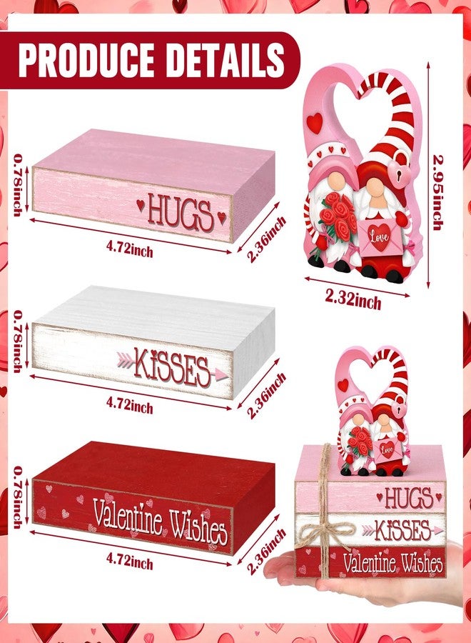Geelin 4 Pcs Valentine's Day Wooden Book Stack Decorations, Hugs Kisses Valentine Wishes Gnome Tabletop Book Sign, Pink Red Rustic Tiered Tray Decor for Home Office Parties - Image 3