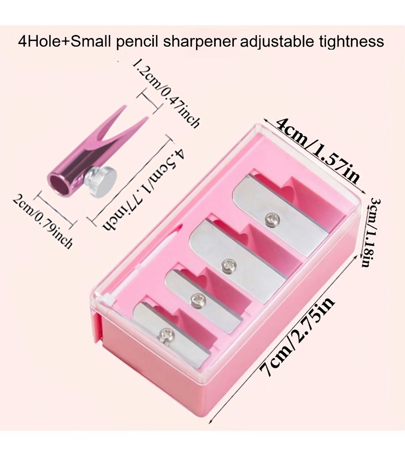 2pcs Pink Multifunctional 4 Hole And Small Pencil Sharpener Adjustable Tightness Eyeliner Eyebrow Pencil Makeup Pen Set With Holder For Portable Beauty - Image 3