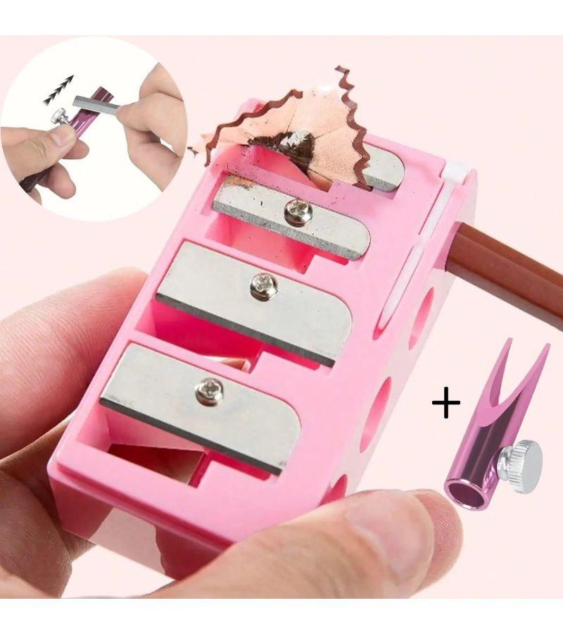 2pcs Pink Multifunctional 4 Hole And Small Pencil Sharpener Adjustable Tightness Eyeliner Eyebrow Pencil Makeup Pen Set With Holder For Portable Beauty - Image 2