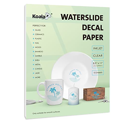 KOALA PAPER Koala Waterslide Decal Paper INKJET CLEAR, 10 Sheets 8.5x11 Inch Water Slide Transfer Paper Transparent Printable Waterslide Paper for DIY Tumbler, Mug, Nails - Image 1