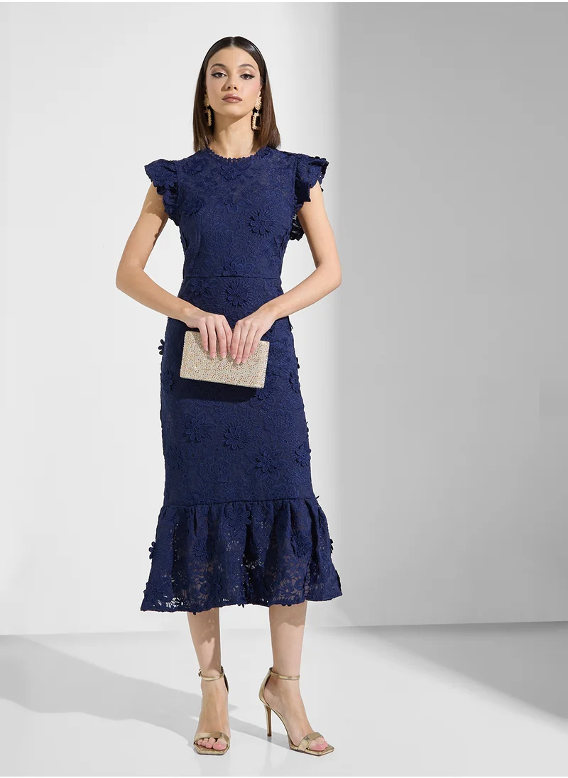 جاست مي 3D Floral Lace Ruffle Slv Midi Dress