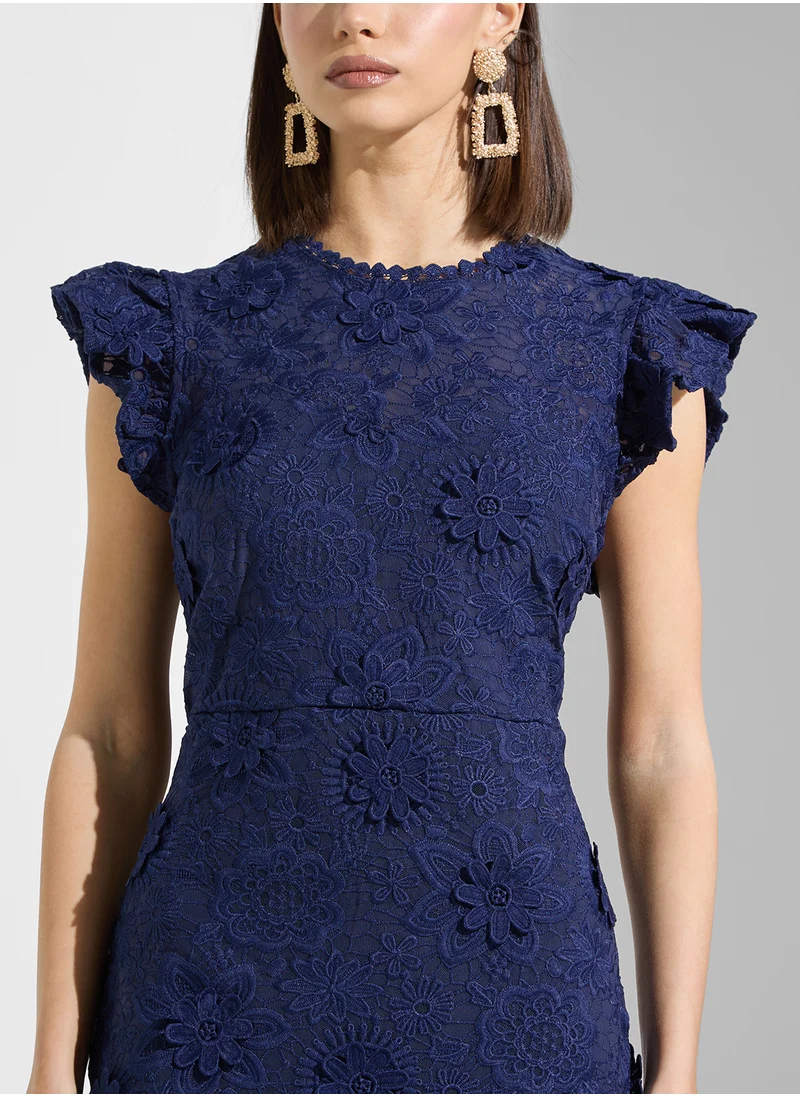 جاست مي 3D Floral Lace Ruffle Slv Midi Dress