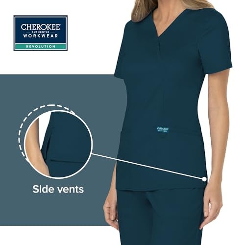 Cherokee Scrubs Top for Women Mock Wrap with 3 Pockets, Soft, 2-Way Stretch & Durable Fabric - WW610, XL, Caribbean Blue - Image 5