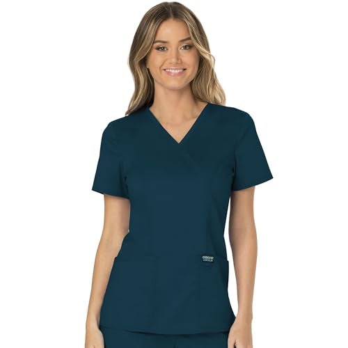 Cherokee Scrubs Top for Women Mock Wrap with 3 Pockets, Soft, 2-Way Stretch & Durable Fabric - WW610, XL, Caribbean Blue - Image 1
