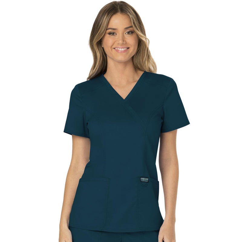 Cherokee Scrubs Top for Women Mock Wrap with 3 Pockets, Soft, 2-Way Stretch & Durable Fabric - WW610, XL, Caribbean Blue - Image 3