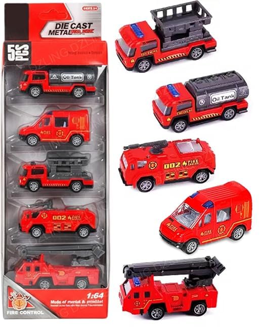 SHAKTISM Die Cast Metal Pull Back Toy Vehicles Set, 1:64 Scale, 5 Pieces, Engineering Construction Vehicles Collection (Fire Engine Vehicle) - Image 3