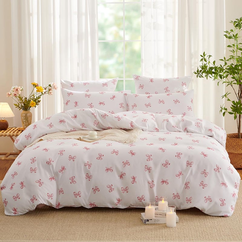 Bildenly White Twin Comforter Set - Pink Bow Quilt Bedding Set 2 Pieces, Comforter Set Twin Size, Soft & Lightweight Comforter(68â€˜â€™ x 90â€˜â€™) for Girl All Season & 1 Pillowcase(30â€˜â€™x20â€˜â€™) - Image 2
