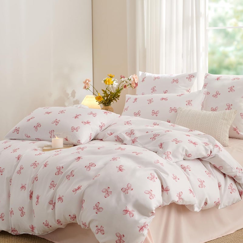 Bildenly White Twin Comforter Set - Pink Bow Quilt Bedding Set 2 Pieces, Comforter Set Twin Size, Soft & Lightweight Comforter(68â€˜â€™ x 90â€˜â€™) for Girl All Season & 1 Pillowcase(30â€˜â€™x20â€˜â€™) - Image 1